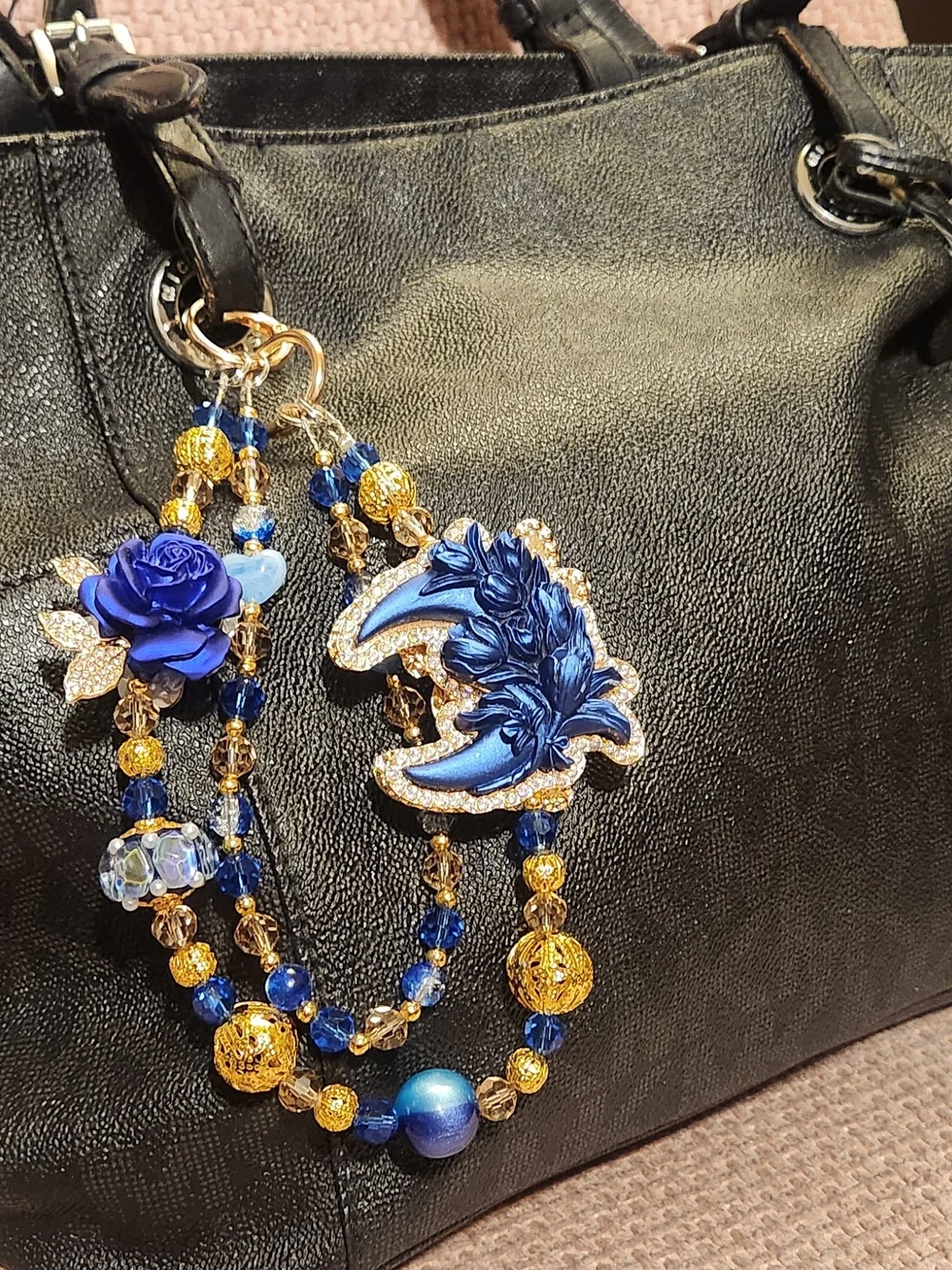 Blue Floral Crescent Moon Purse/Phone Charm